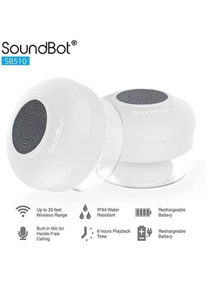 SoundBot - SoundBot Sb510 Hd Water Resistant Bluetooth Shower Speaker Handsfree Portable Speakerphone With Built In Mic 6Hrs Of Playtime Control Buttons And Dedicated Suction Cup For Showers White - Image 1