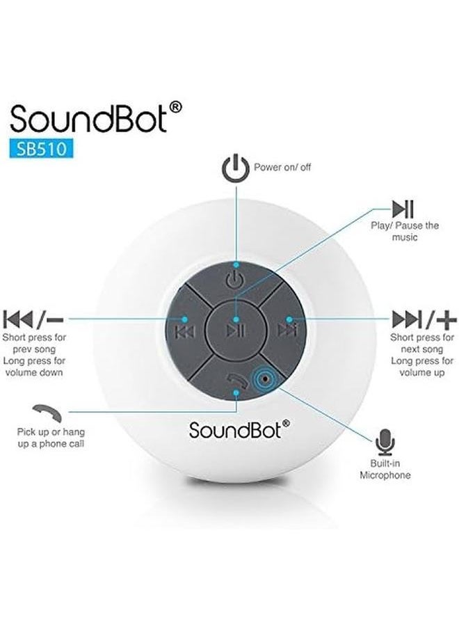 SoundBot - SoundBot Sb510 Hd Water Resistant Bluetooth Shower Speaker Handsfree Portable Speakerphone With Built In Mic 6Hrs Of Playtime Control Buttons And Dedicated Suction Cup For Showers White - Image 1