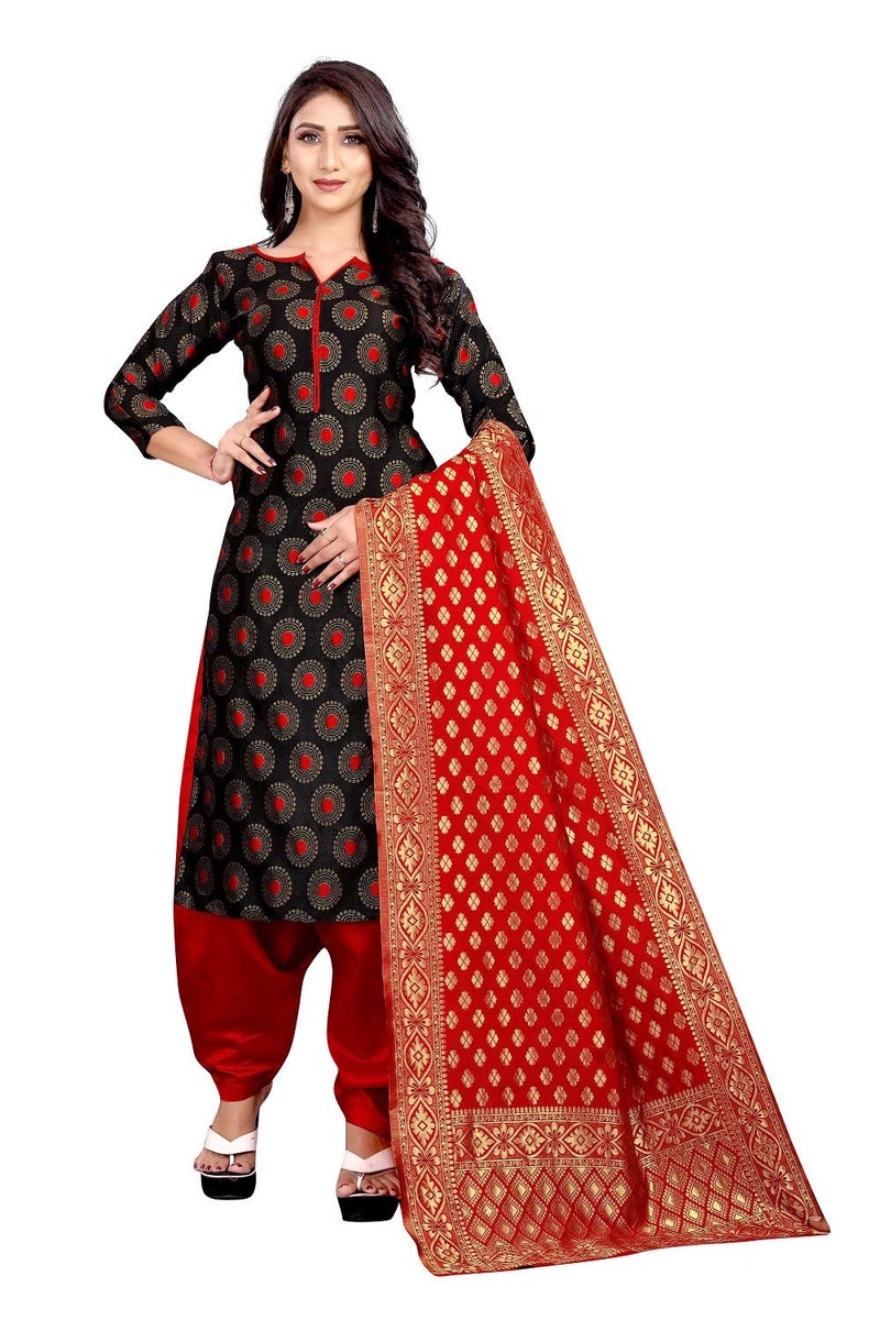 JENNY DESIGNER فستان كورتا وباتيارا غير مخيط للنساء من بروكاد (أسود) - Image 3