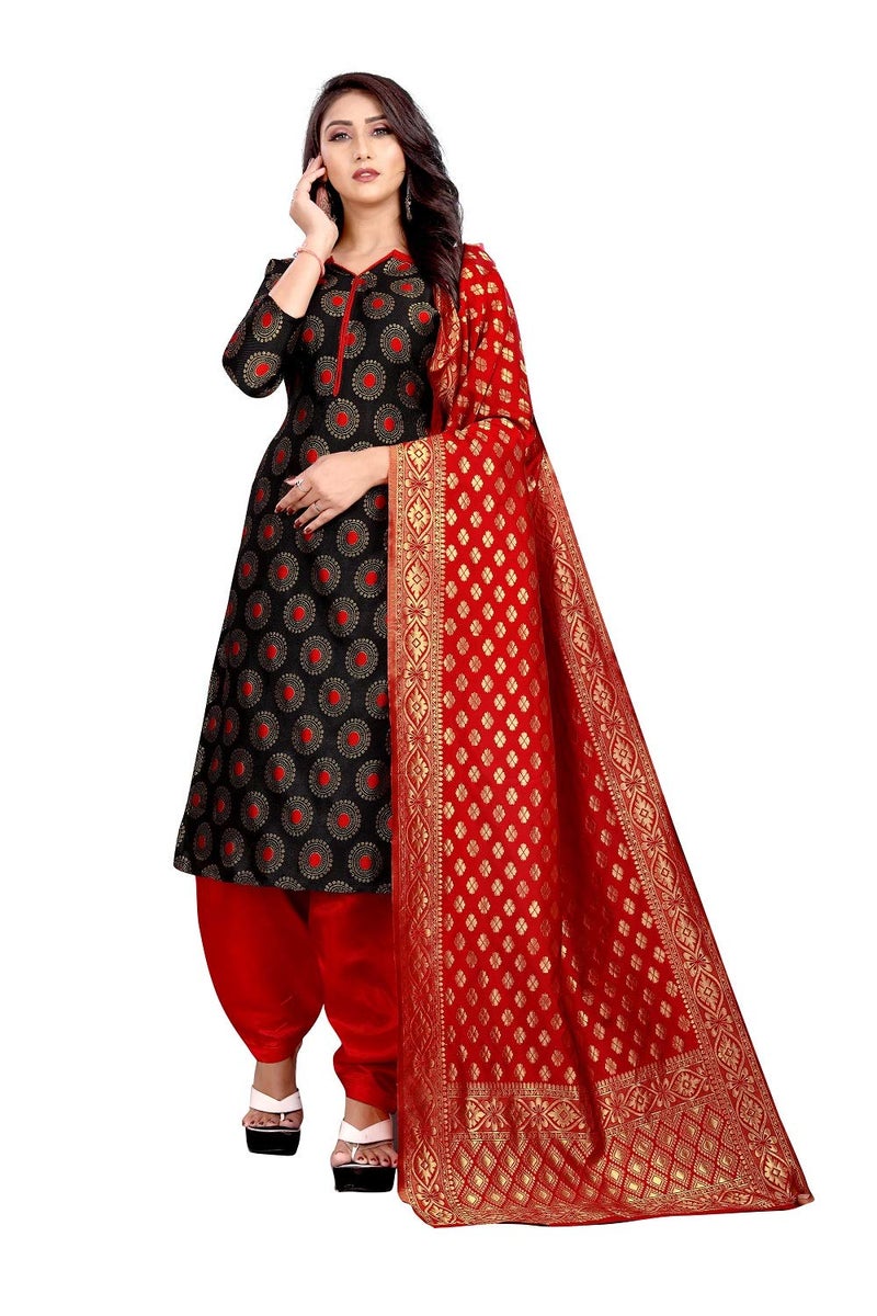 JENNY DESIGNER فستان كورتا وباتيارا غير مخيط للنساء من بروكاد (أسود) - Image 1