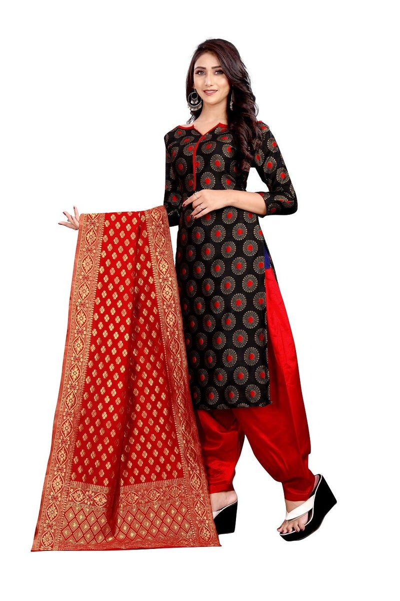 JENNY DESIGNER فستان كورتا وباتيارا غير مخيط للنساء من بروكاد (أسود) - Image 2