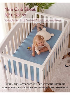 Momcozy Momcozy Muslin Fitted Mini Crib Sheets, 38"x26", 2 Pack Soft Breathable Natural Cotton Baby Mattress Sheet, 360° Mattress Wrapping No Slip Boys Girls Neutral Toddler Bed Sheet, Grey Blue  - Image 2