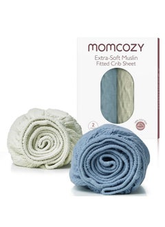 Momcozy Momcozy Muslin Fitted Mini Crib Sheets, 38"x26", 2 Pack Soft Breathable Natural Cotton Baby Mattress Sheet, 360° Mattress Wrapping No Slip Boys Girls Neutral Toddler Bed Sheet, Grey Blue  - Image 1