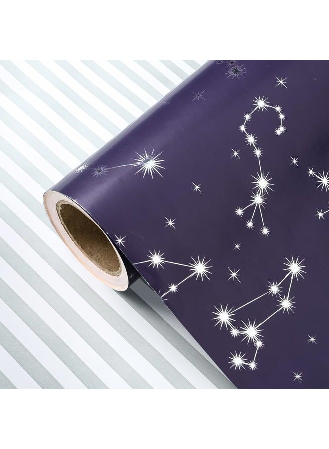WRAPAHOLIC Reversible Wrapping Paper - Mini Roll - 17 Inch x 33 Feet - Navy and Silver Constellation with Metallic Foil Shine and Stripes Design for Birthday, Party, Baby Shower - Image 3