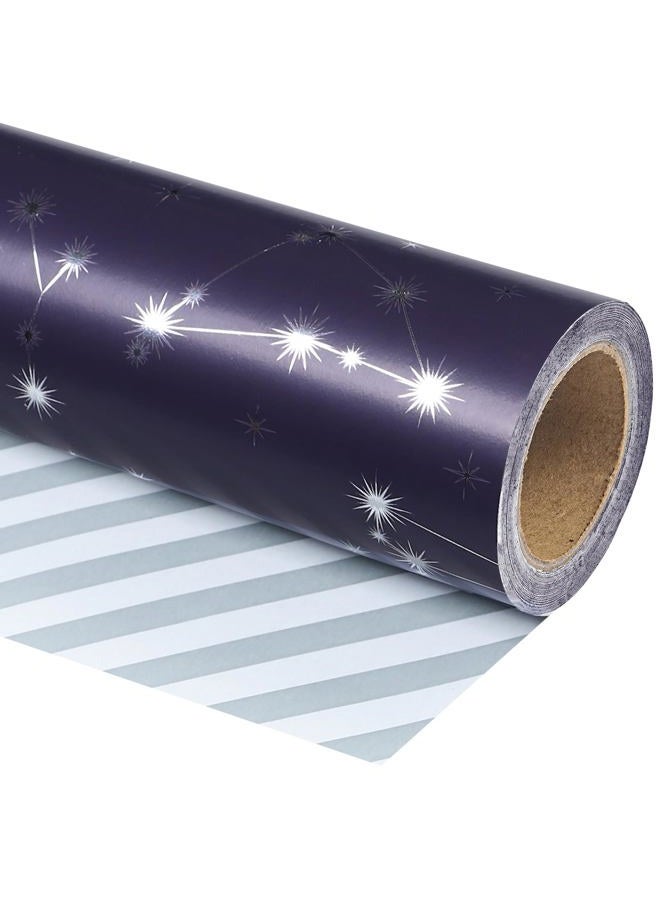 WRAPAHOLIC Reversible Wrapping Paper - Mini Roll - 17 Inch x 33 Feet - Navy and Silver Constellation with Metallic Foil Shine and Stripes Design for Birthday, Party, Baby Shower - Image 1