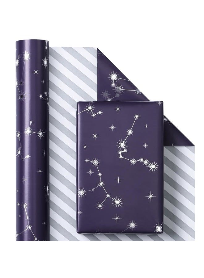 WRAPAHOLIC Reversible Wrapping Paper - Mini Roll - 17 Inch x 33 Feet - Navy and Silver Constellation with Metallic Foil Shine and Stripes Design for Birthday, Party, Baby Shower - Image 4