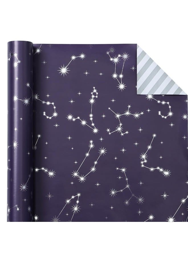 WRAPAHOLIC Reversible Wrapping Paper - Mini Roll - 17 Inch x 33 Feet - Navy and Silver Constellation with Metallic Foil Shine and Stripes Design for Birthday, Party, Baby Shower - Image 2