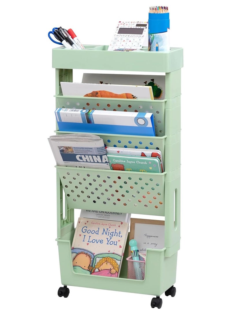 MIXDE 5 Tier Rolling Utility Cart Multi-Functional Movable Storage Book Shelves with Lockable Casters for Study Office Kitchen Living Room Classroom - Image 1