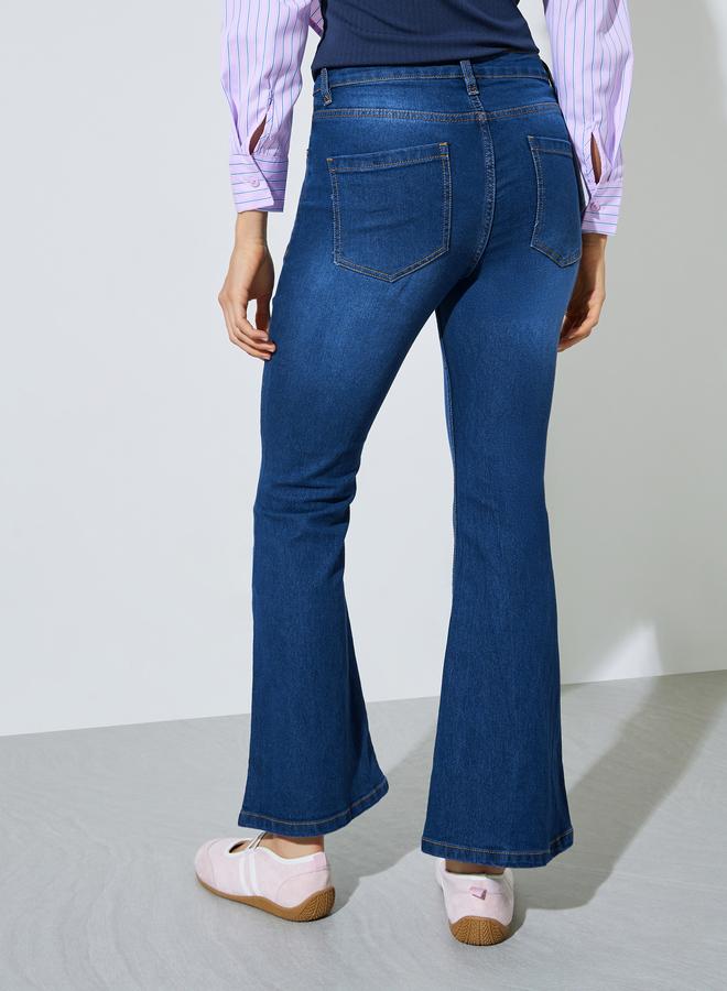 Styli Dark Blue Faded Stretch Flared Jeans - Image 4