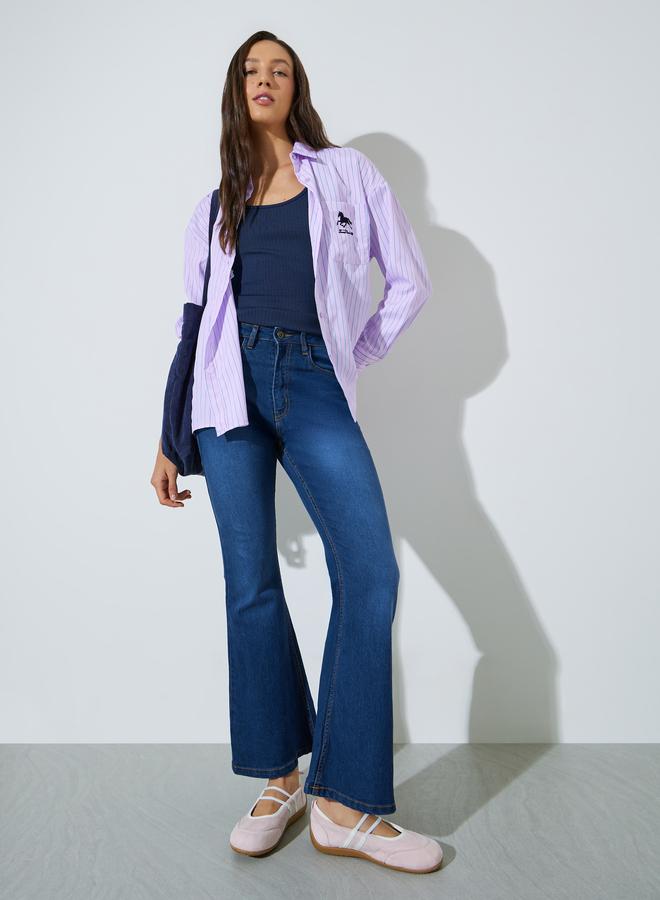 Styli Dark Blue Faded Stretch Flared Jeans - Image 1