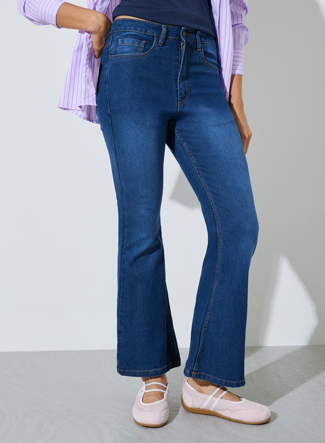 Styli Dark Blue Faded Stretch Flared Jeans - Image 2
