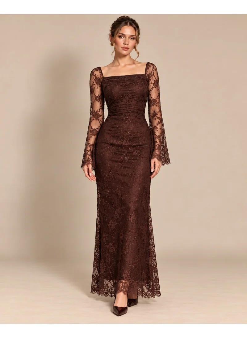 2Trendy Women's Brown Maxi Lace Dress with Square Neckline and Wide Bell Sleeves
