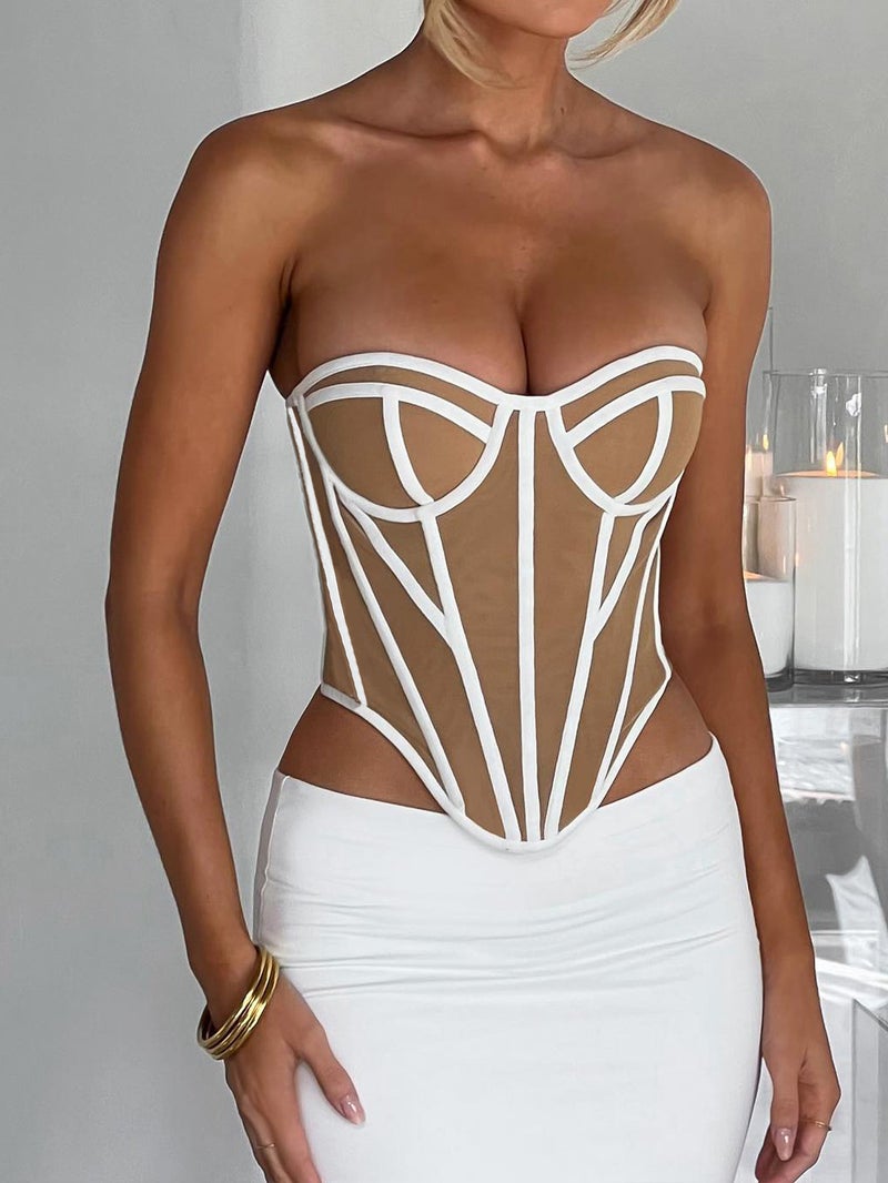 Slim-Fit Strapless Backless Design Sense Line Contrast Waist Top For Women - Image 3