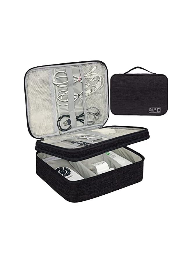 Electronic Organizer Bag Travel Cable Accessories Double Layer Large Waterproof Storage Case for Adapter, Chargers, Power Bank, Mouse,iPad, Phone, Kindle, SD Card, Wires, Cords, Drive, Black - Image 1