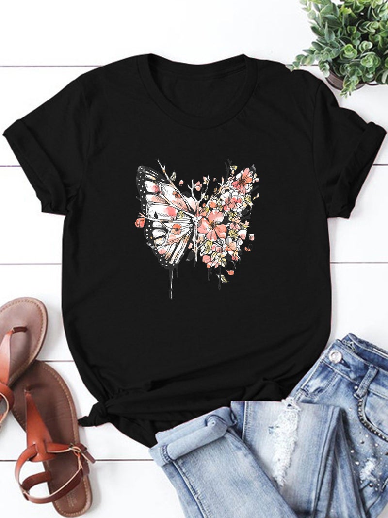 wish independent station butterfly flower pattern printed short sleeve t-shirt for women - Image 1