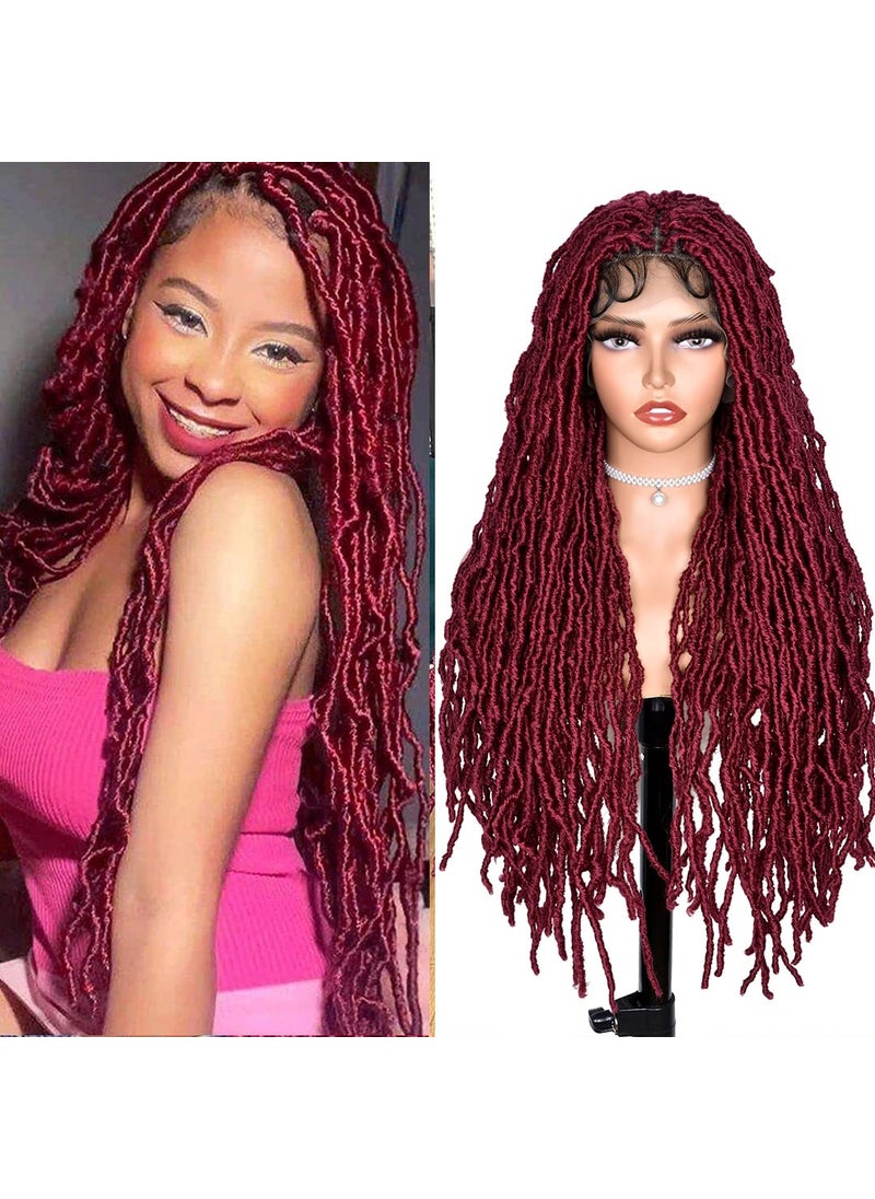 ANNISOUL - ANNISOUL Burgundy Full Lace Faux Locs Braided Wig Curly Hair Handbraided Synthetic Crochet Braids with Baby Hair 32Inch Full Double Lace Synthetic Curly Crochet Locs Twist Wigs for Black Women - Image 1