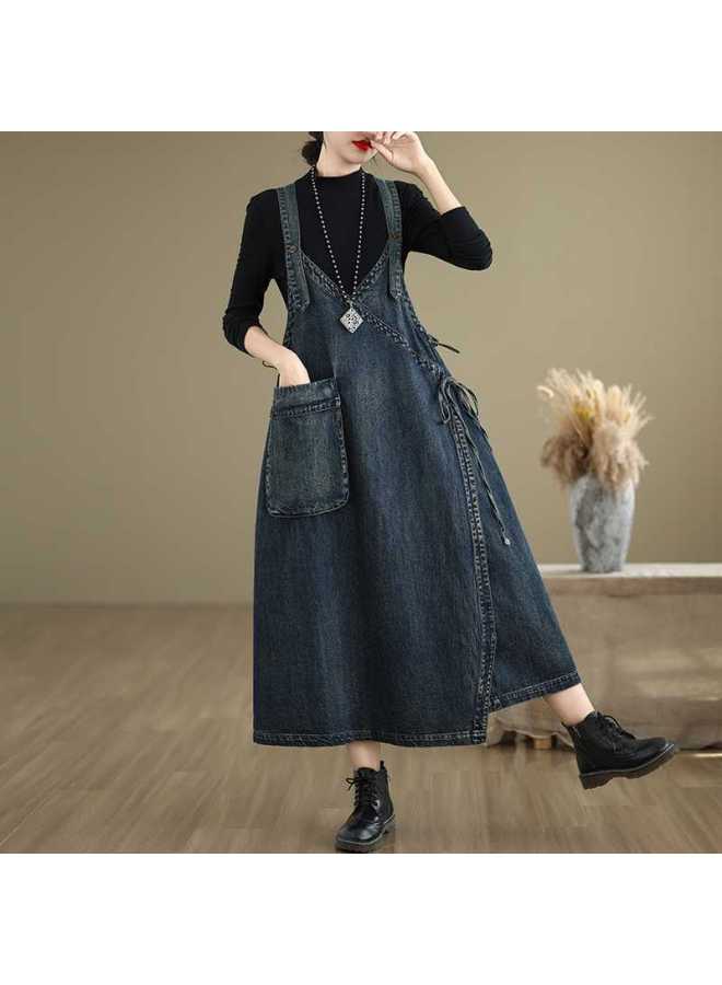 Real Shot Denim Special Wide Casual Strap Dress Women 