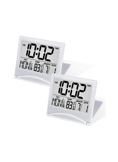 Digital Travel Alarm Clock, 2 Pcs Foldable Calendar Temperature Timer LCD Clock with Snooze Mode, Large Number Display, Battery Operated, Compact Desk Clock for All Ages (Silver)