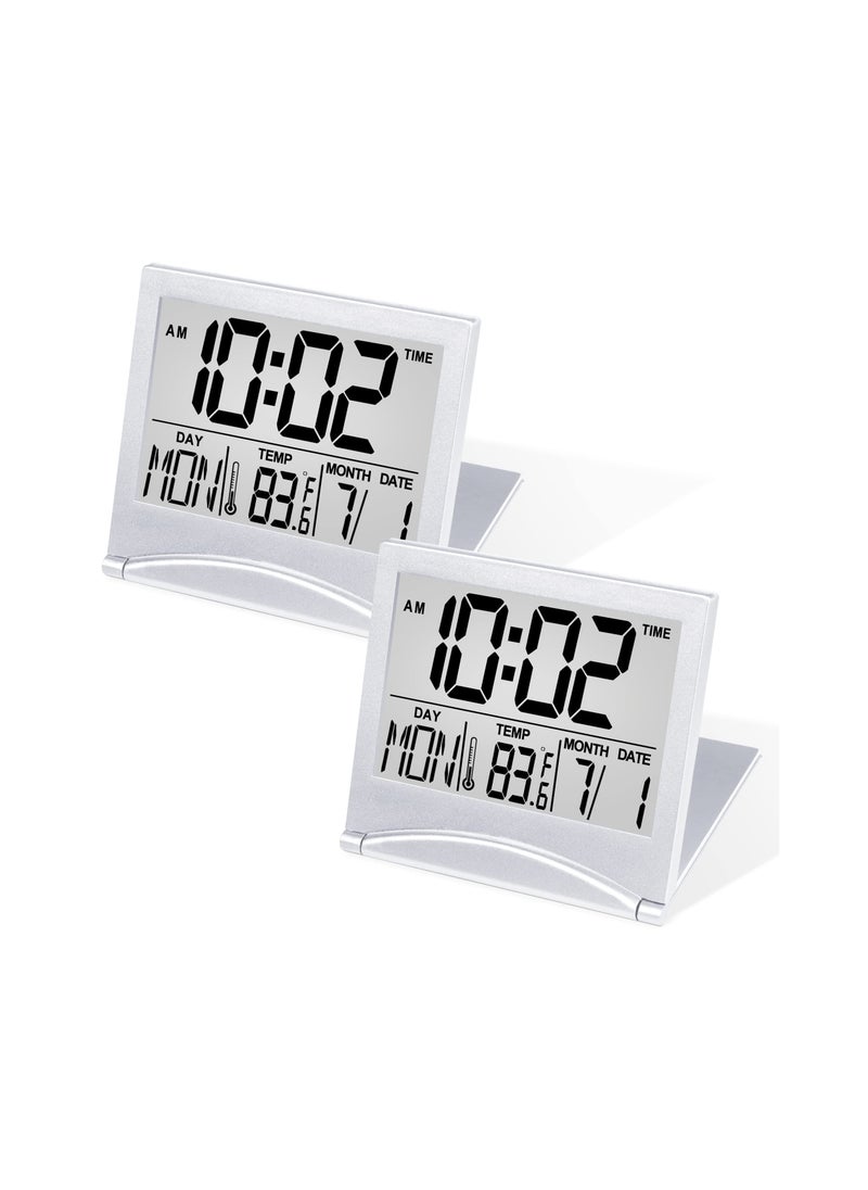 SYOSI Digital Travel Alarm Clock, 2 Pcs Foldable Calendar Temperature Timer LCD Clock with Snooze Mode, Large Number Display, Battery Operated, Compact Desk Clock for All Ages (Silver)  - Image 1