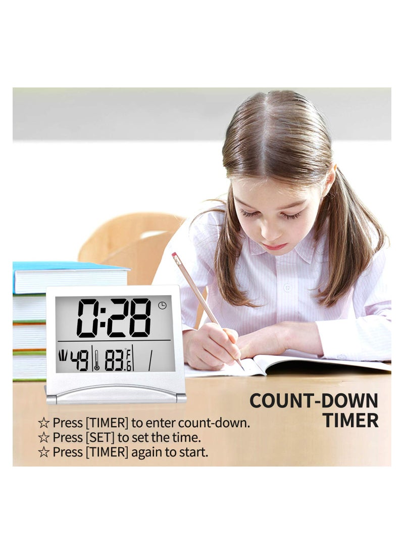 SYOSI Digital Travel Alarm Clock, 2 Pcs Foldable Calendar Temperature Timer LCD Clock with Snooze Mode, Large Number Display, Battery Operated, Compact Desk Clock for All Ages (Silver)  - Image 5