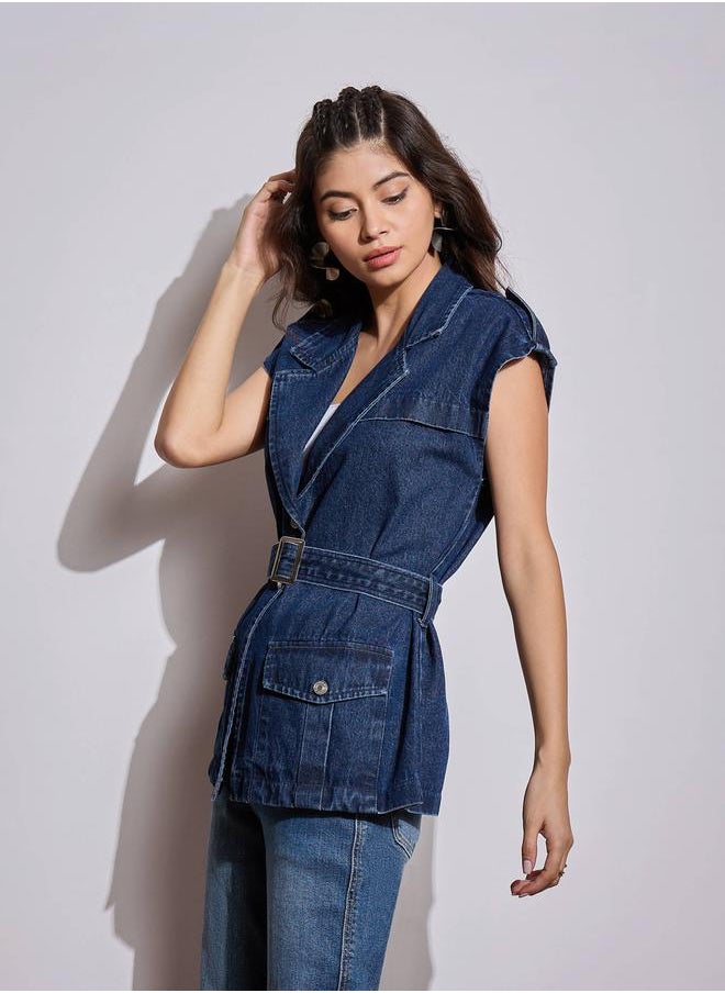SASSAFRAS Acid Washed Pocket Detail Sleeveless Belted Jacket by Styli  - Image 4