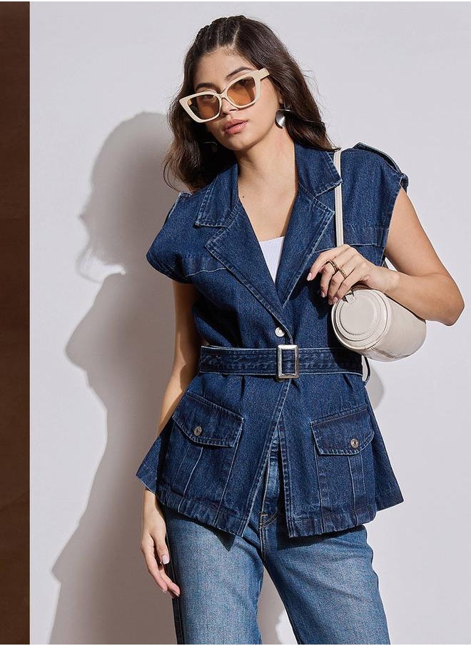 SASSAFRAS Acid Washed Pocket Detail Sleeveless Belted Jacket by Styli  - Image 1