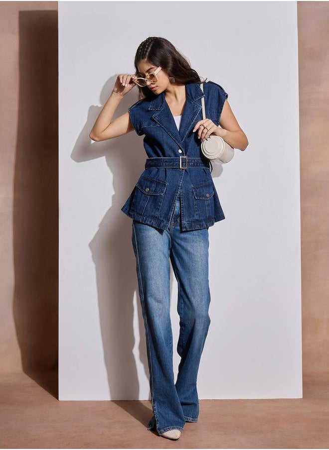 SASSAFRAS Acid Washed Pocket Detail Sleeveless Belted Jacket by Styli  - Image 3