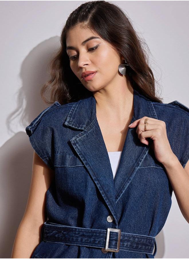 SASSAFRAS Acid Washed Pocket Detail Sleeveless Belted Jacket by Styli  - Image 5