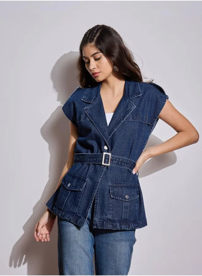 ساسافراس Acid Washed Pocket Detail Sleeveless Belted Jacket