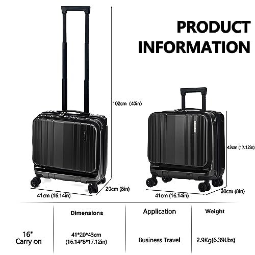 TydeCkare 16" Carry on Luggage with 2 Laptop Compartments, Lightweight Hardshell ABS+PC Suitcase with Dual Control TSA Lock, with YKK Zipper, 4 Spinner Silent Wheels, for Business Travel, Black - Image 3