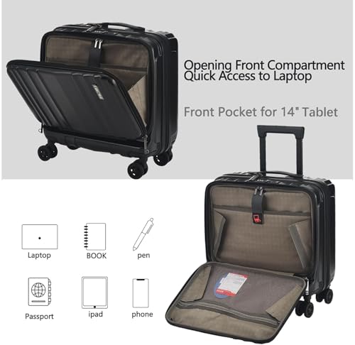 TydeCkare 16" Carry on Luggage with 2 Laptop Compartments, Lightweight Hardshell ABS+PC Suitcase with Dual Control TSA Lock, with YKK Zipper, 4 Spinner Silent Wheels, for Business Travel, Black - Image 4