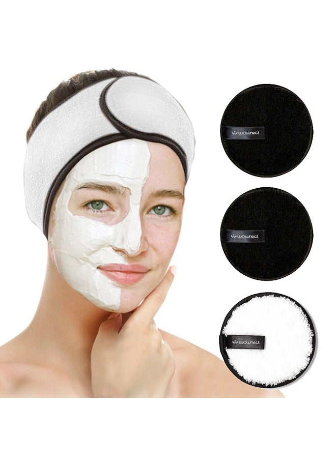 Wownect Reusable Sponge Makeup Remover Pad with Headband Cloth Face & Eye Cleansing Washable Makeup Removing Pad [3 Circle Puffs 1 Head Band ] Microfiber Powder Puff  - Image 1