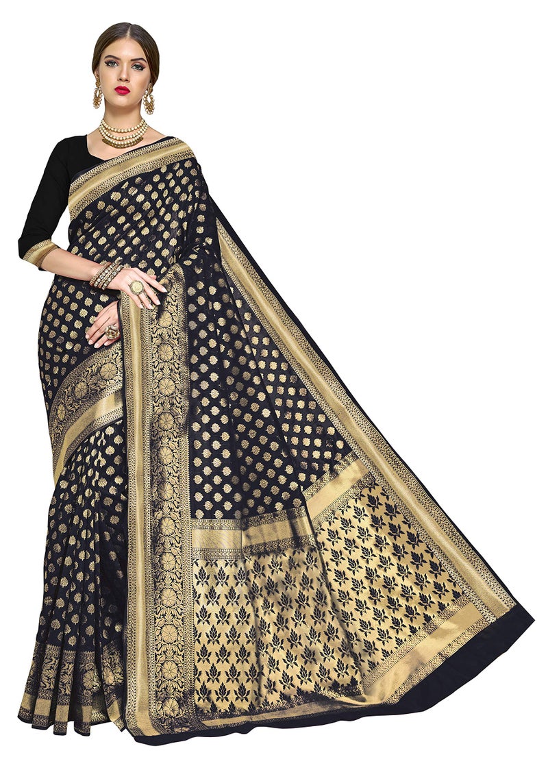 Glory Sarees Women's Woven Pure Soft Kanjivaram Silk Saree Banarasi Style With Blouse Piece for Wedding (kara115black_Black) - Image 5