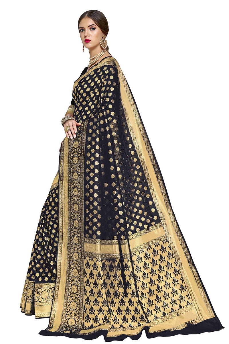 Glory Sarees Women's Woven Pure Soft Kanjivaram Silk Saree Banarasi Style With Blouse Piece for Wedding (kara115black_Black) - Image 2