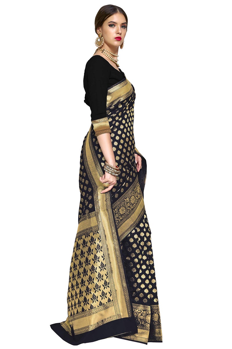 Glory Sarees Women's Woven Pure Soft Kanjivaram Silk Saree Banarasi Style With Blouse Piece for Wedding (kara115black_Black) - Image 4