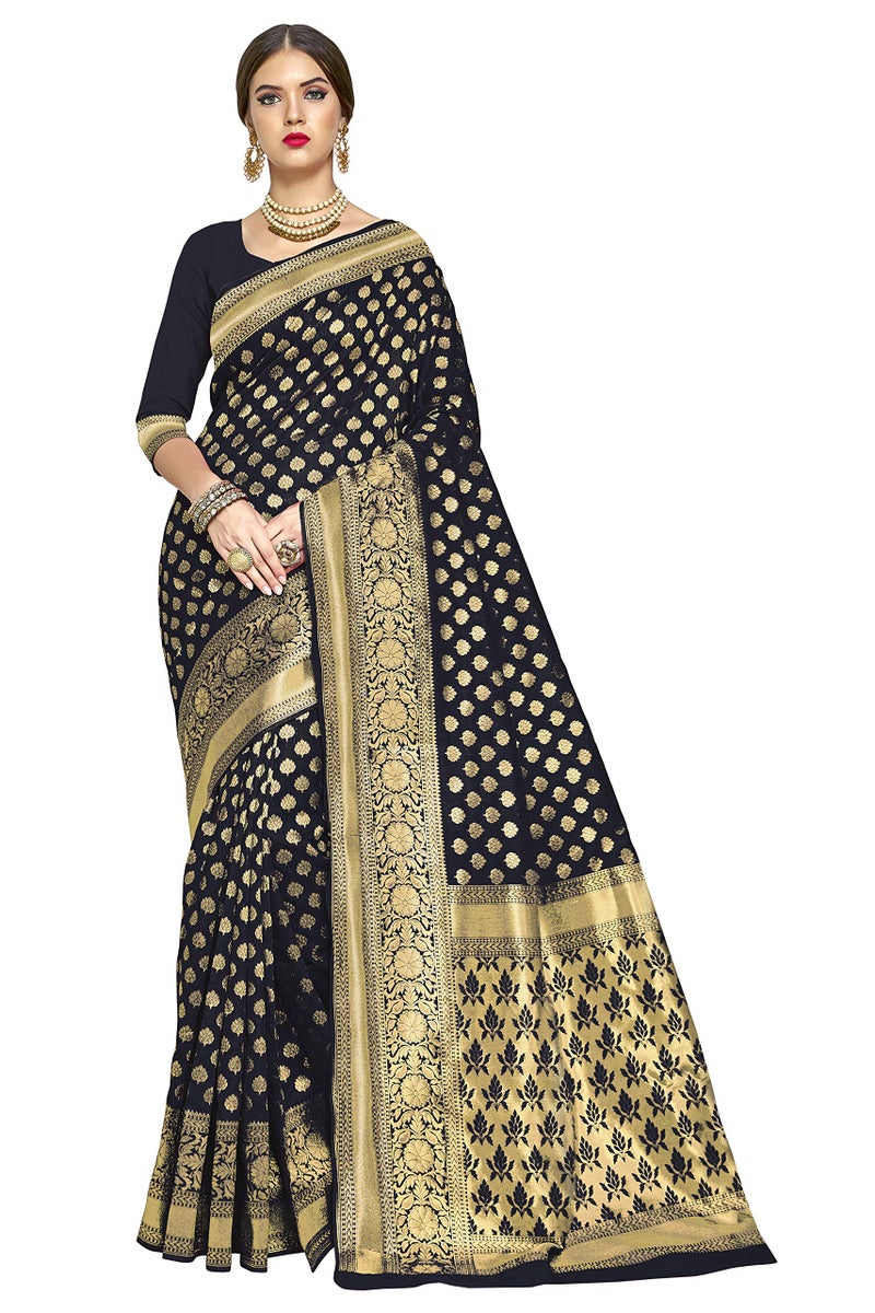 Glory Sarees Women's Woven Pure Soft Kanjivaram Silk Saree Banarasi Style With Blouse Piece for Wedding (kara115black_Black) - Image 1
