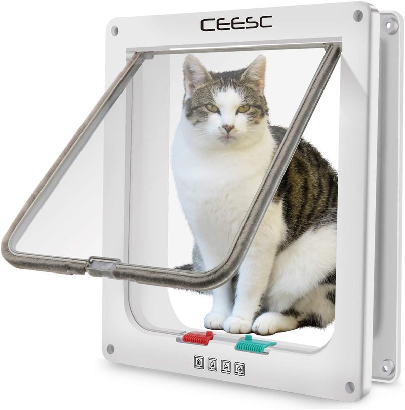 CEESC Large Cat Flap (Outer Size 11" x 9.8"), 4 Way Locking Large Cat Flap Door for Interior Exterior Doors, Weatherproof Pet Door for Cats & Doggie with Circumference < 24.8" (White) - Image 1