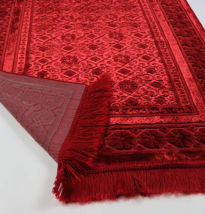 Modefa Velvet Prayer Rug - Soft Plush Turkish Janamaz Sajada Carpet for Men and Women - Plain Solid Prayer Mat Ramadan Eid Gift - with Prayer Beads - Luxury Floral Stamp (Red) - Image 3