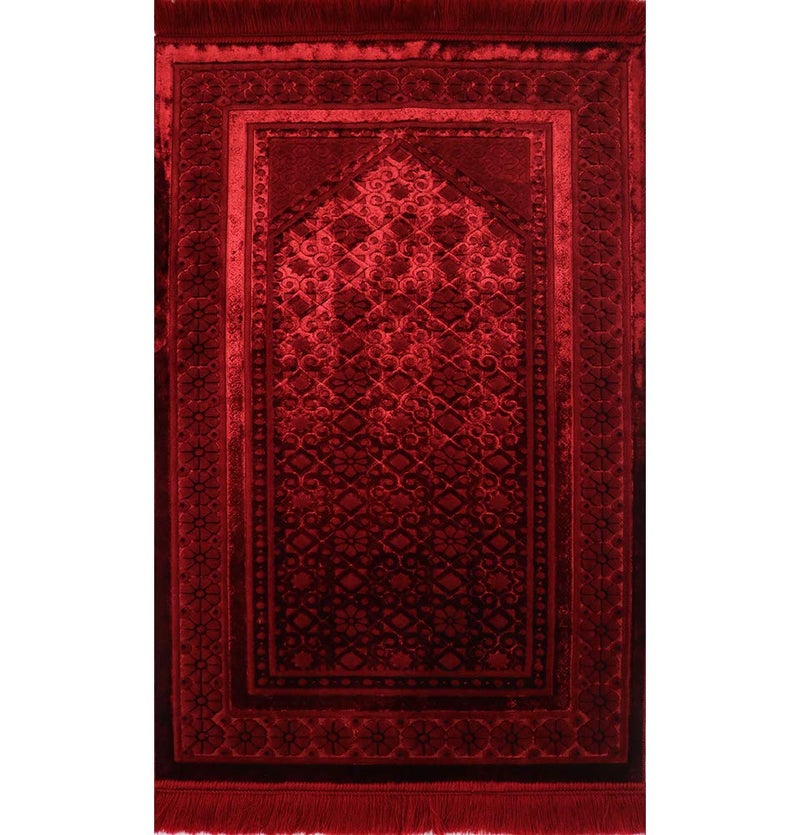 Modefa Velvet Prayer Rug - Soft Plush Turkish Janamaz Sajada Carpet for Men and Women - Plain Solid Prayer Mat Ramadan Eid Gift - with Prayer Beads - Luxury Floral Stamp (Red) - Image 2