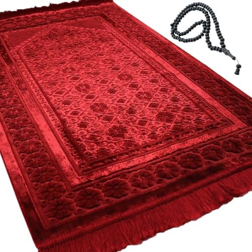 Modefa Velvet Prayer Rug - Soft Plush Turkish Janamaz Sajada Carpet for Men and Women - Plain Solid Prayer Mat Ramadan Eid Gift - with Prayer Beads - Luxury Floral Stamp (Red) - Image 1