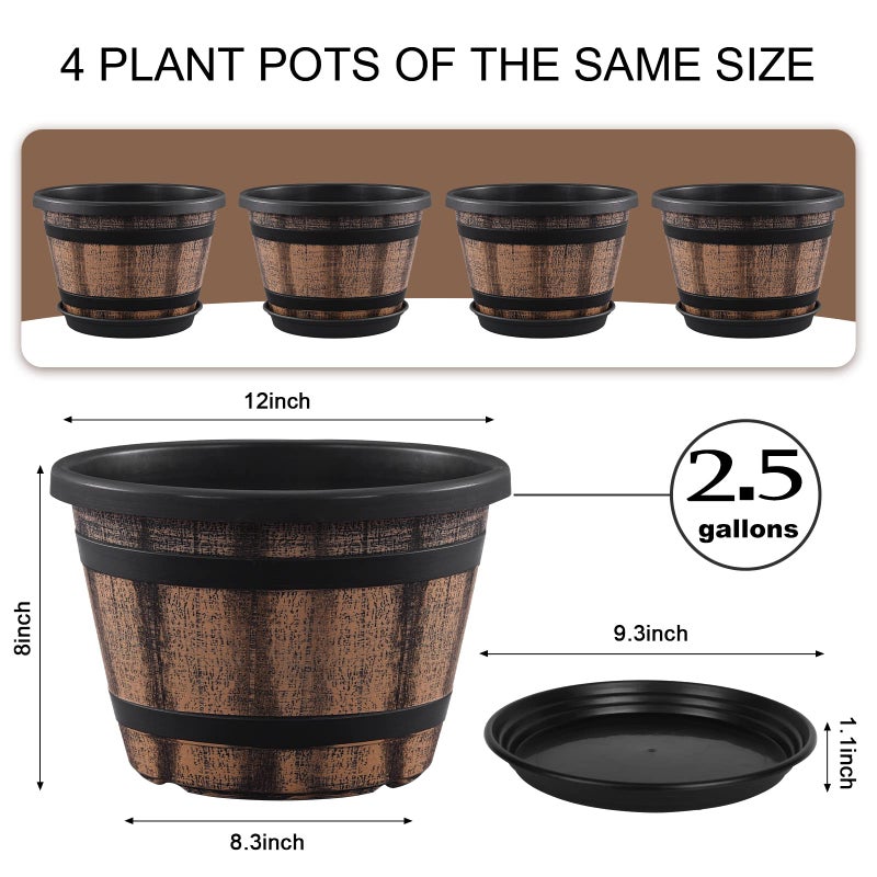 Quarut Plant Pots Set of 4 Pack 12 inch,Large Whiskey Barrel Planters with Drainage Holes & Saucer.Plastic Flower Pots Imitation Wine Barrel Design, for Indoor & Outdoor Garden Home Plants (Brown) - Image 2