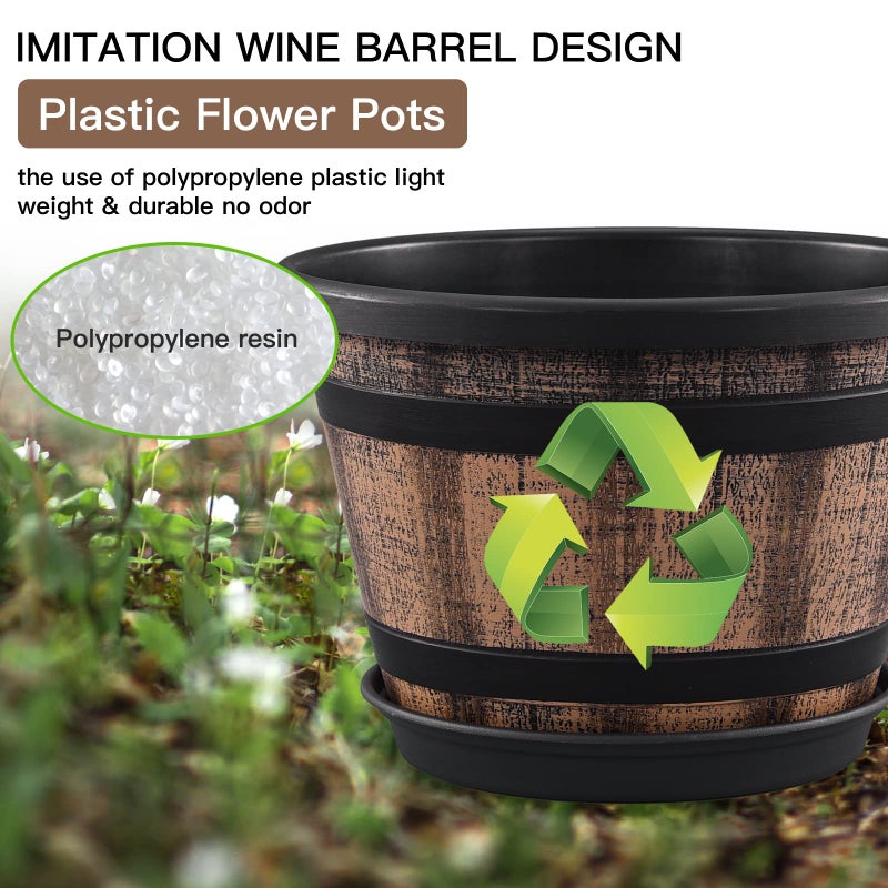 Quarut Plant Pots Set of 4 Pack 12 inch,Large Whiskey Barrel Planters with Drainage Holes & Saucer.Plastic Flower Pots Imitation Wine Barrel Design, for Indoor & Outdoor Garden Home Plants (Brown) - Image 4