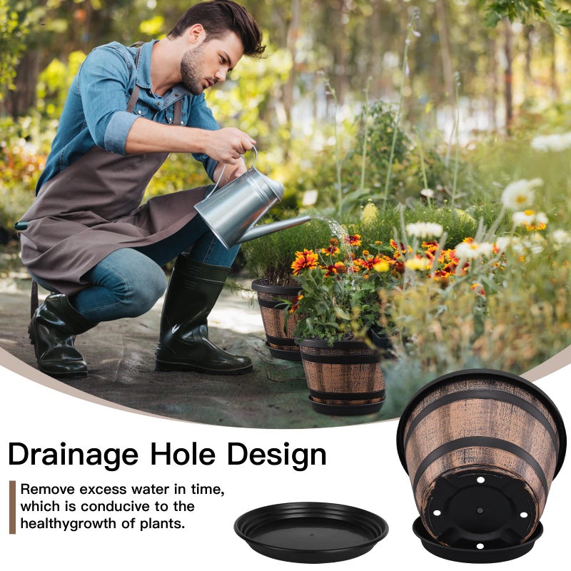 Quarut Plant Pots Set of 4 Pack 12 inch,Large Whiskey Barrel Planters with Drainage Holes & Saucer.Plastic Flower Pots Imitation Wine Barrel Design, for Indoor & Outdoor Garden Home Plants (Brown) - Image 3