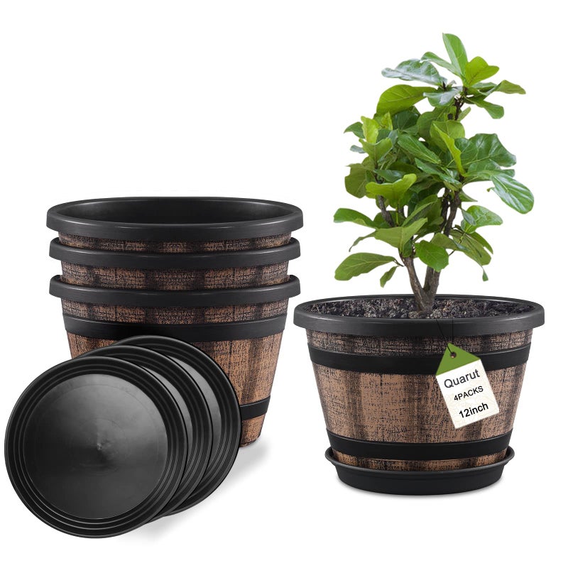 Quarut Plant Pots Set of 4 Pack 12 inch,Large Whiskey Barrel Planters with Drainage Holes & Saucer.Plastic Flower Pots Imitation Wine Barrel Design, for Indoor & Outdoor Garden Home Plants (Brown) - Image 1