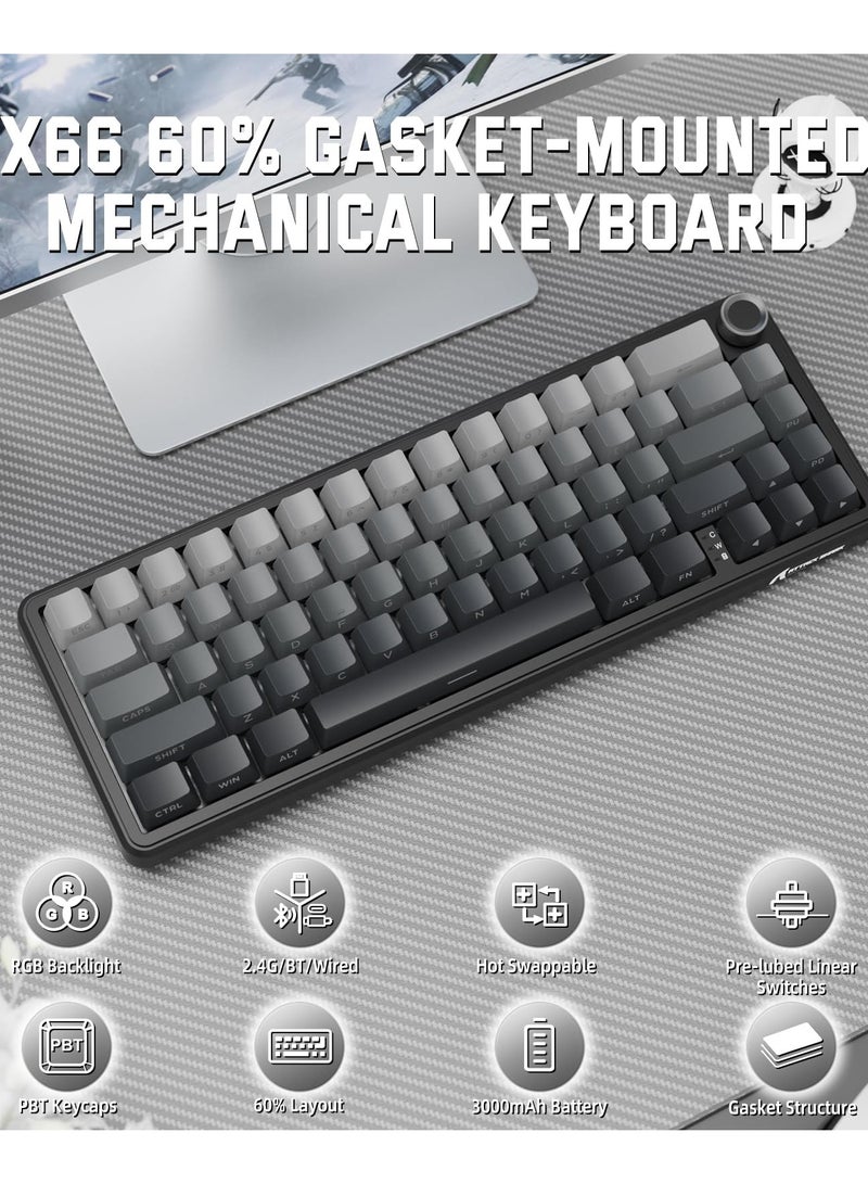 Attack Shark X66 Gasket Wireless Mechanical Keyboard with Volume Knob,60% BT/2.4GHz/Wired Gaming Keyboard,RGB Backlit,OEM Tri-Color PBT keycaps,66 Keys Hot Swappable for PC/MAC,Moonlight - Image 2