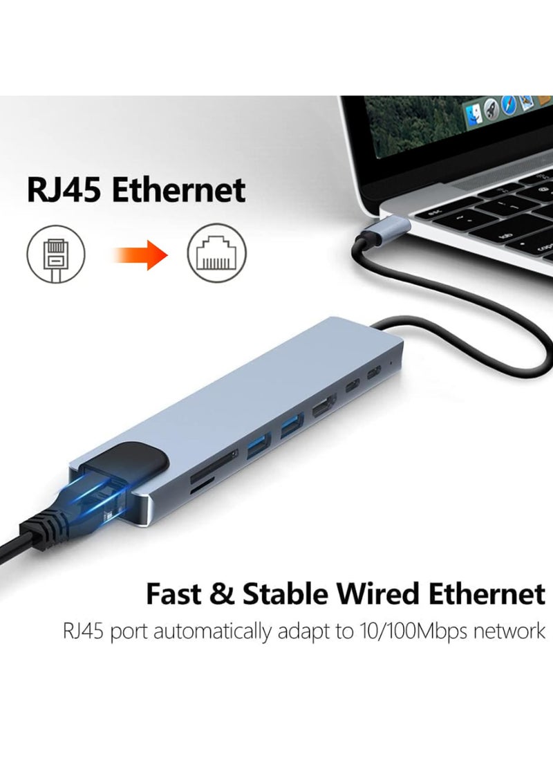 erorex - USB C Hub, 8 in 1 Type C Docking Station with 4K HDMI, USB-C, Ethernet, 2 USB, PD Power Delivery, SD/TF Card Reader Compatible with Mac Book Pro XPS and More Type C Devices - Image 1