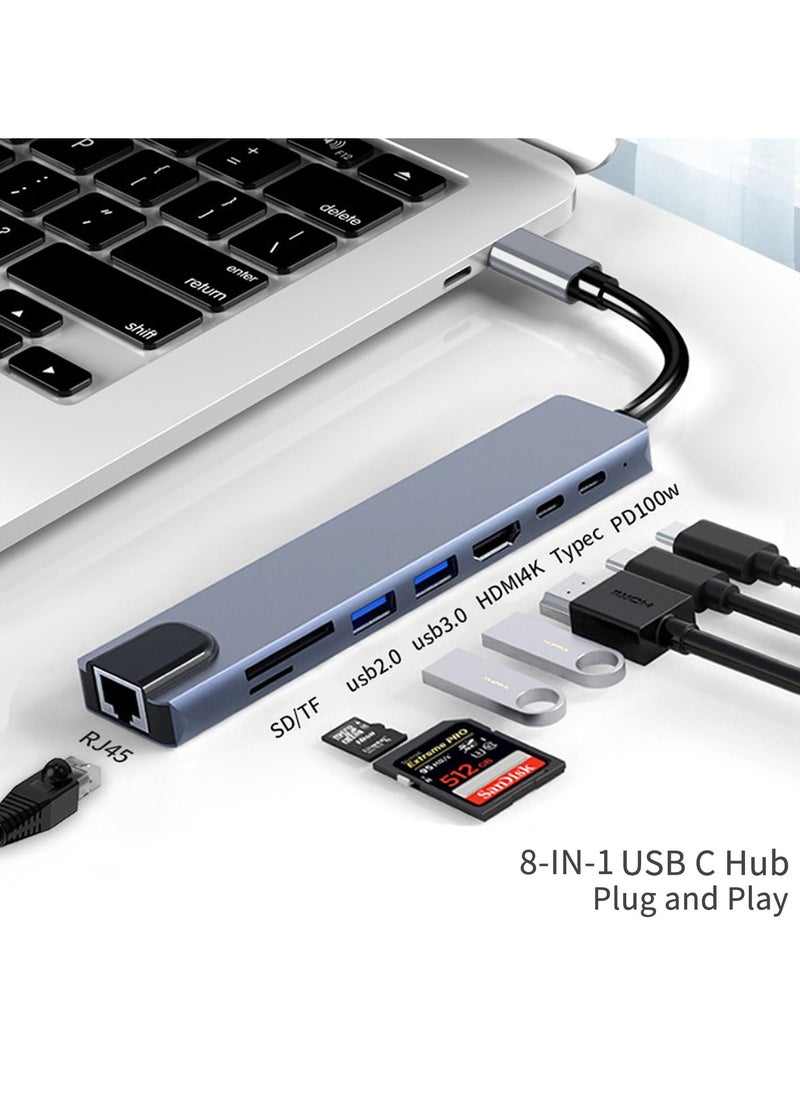erorex - USB C Hub, 8 in 1 Type C Docking Station with 4K HDMI, USB-C, Ethernet, 2 USB, PD Power Delivery, SD/TF Card Reader Compatible with Mac Book Pro XPS and More Type C Devices - Image 1