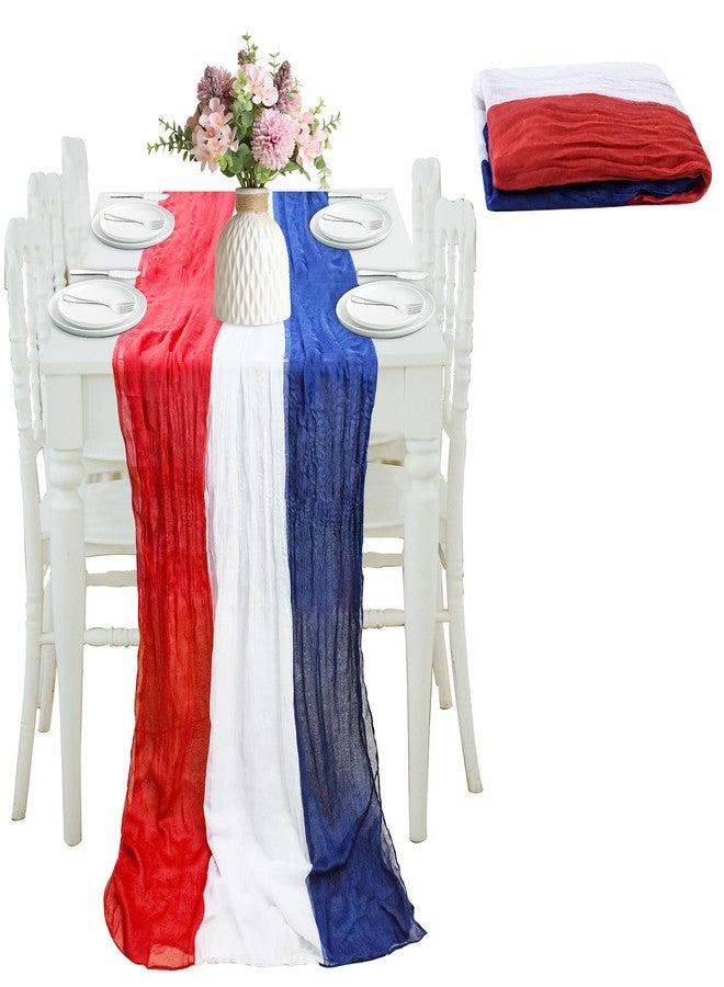 Jeyeou 4th of July Cheesecloth Table Runner, Vintage Red White and Blue Table Runner for Memorial Day Labor Day Independence Day Veterans Day Patriotic Party Decoration for Kitchen Dining Room Indoor Outdoor - Image 1