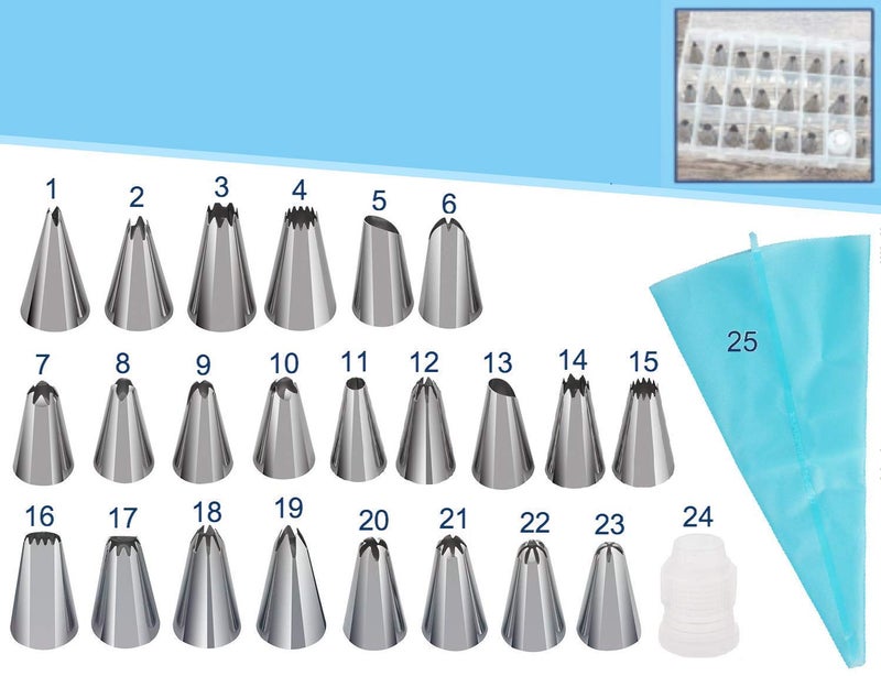 Bulfyss 23 Nozzles, 1 Coupler & 1 Reusable Silicone Icing Bag Kit for Cup Cake, Muffin, Cake Icing, Piping and Decoration (Total 25 Pieces with Storage Box) - Image 1