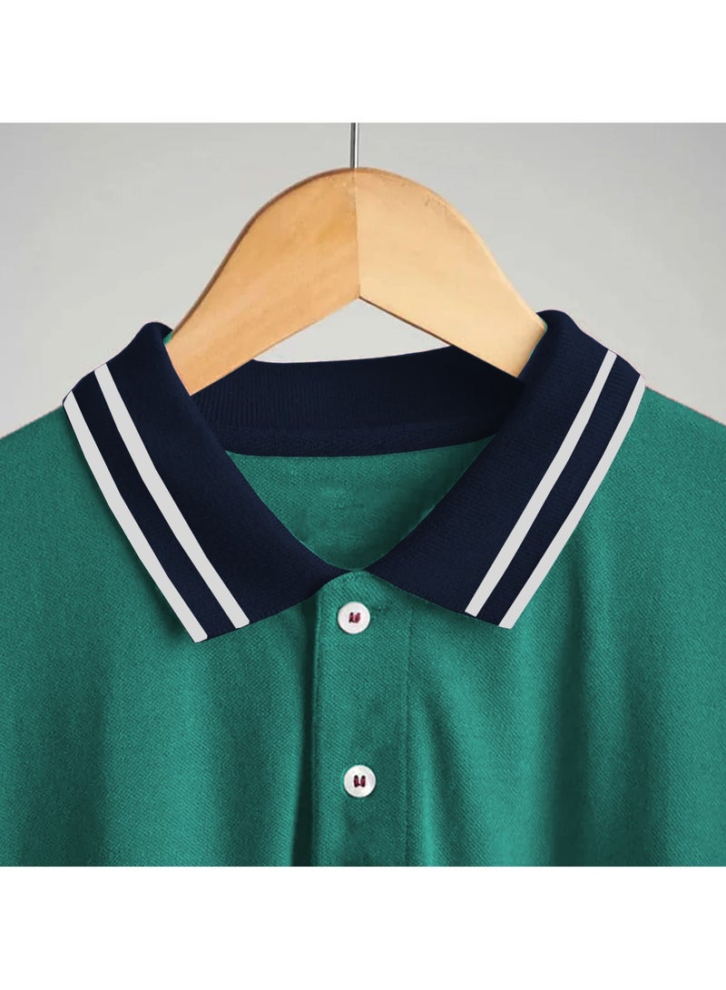Finer Threads Green Men's Polo Shirt with Contrast Collar and Thin Stripes-Regular Fit (L) - Image 5
